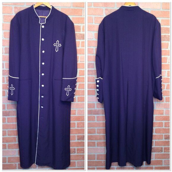 Purple Tony Blake Long Clergy Vestment Pastor Robe Cross Embroidery Button Front - Picture 1 of 7